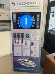 Shipcontroller exhibition panel at the Biograd Boat Show, featuring the DPS system, the new ShipView R3 touchscreen, and Docker and EZVector remote controls.